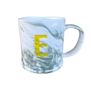 Anthropologie Monogram Letter E Marbled Coffee Mug Green White Yellow Heavy NWOT